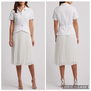 Julia Jordan Mixed Media Pleated Skirt‎ Midi Dress Ivory 8